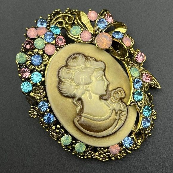 Yellow Gold with Multi Blue and Opal Crystal Lady Cameo Flower Pin Back Brooch - Picture 1 of 9